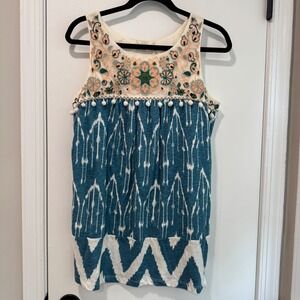 Anthropologie Floreat Cascata Embroidered Tank‎ Pom Pom Trim Boho XS- NWT
